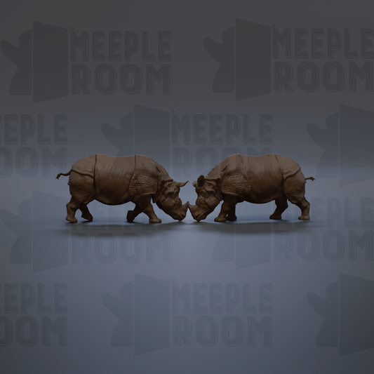 Two rhinoceros figurines facing each other, with the text "MEIPLROOM" repeated in the background.
