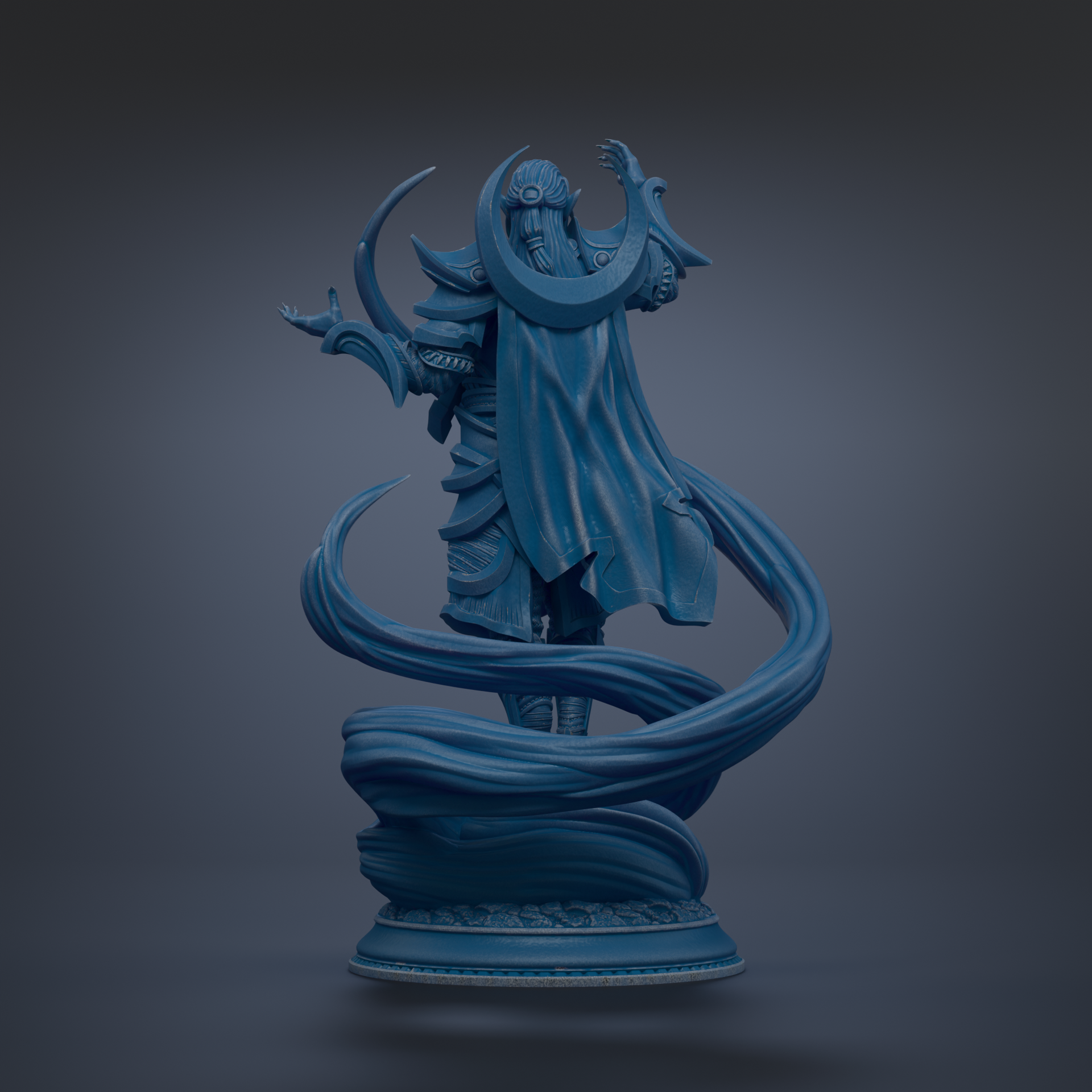 A blue statue of a figure with a crescent moon on their head, holding a crescent moon in their hand, standing on a pedestal.