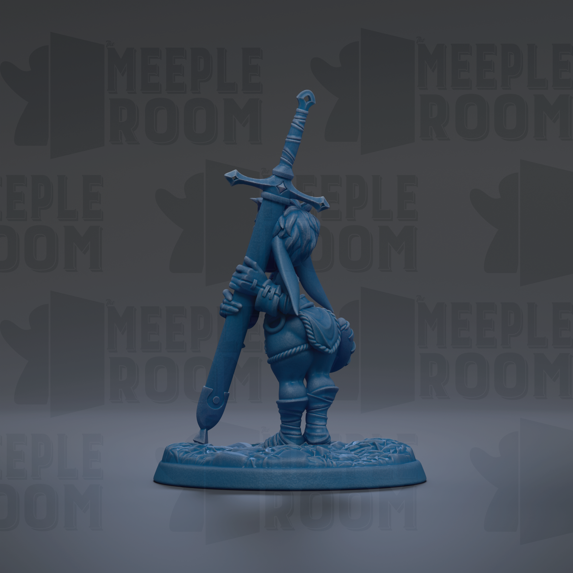 A blue figurine of a person holding a sword stands on a base against a dark background with repeated text.