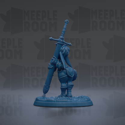 A blue figurine of a person holding a sword stands on a base against a dark background with repeated text.