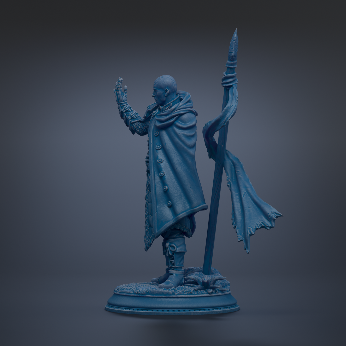 A blue statue of a person standing on a base, holding a flag and wearing a cape.