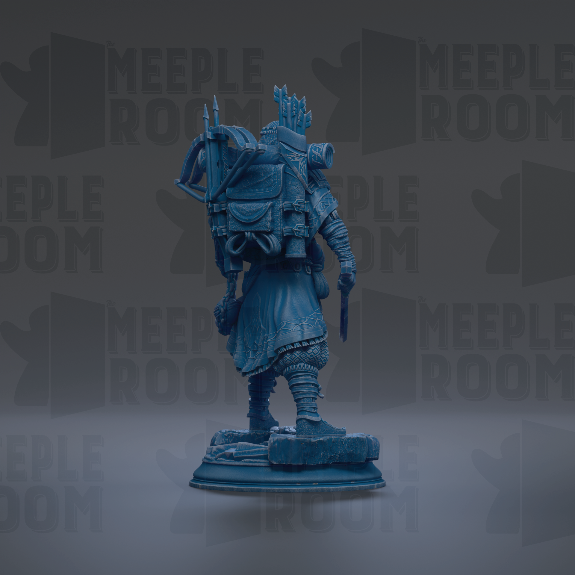 A blue statue of a person standing on a pedestal against a dark background with repeated text.