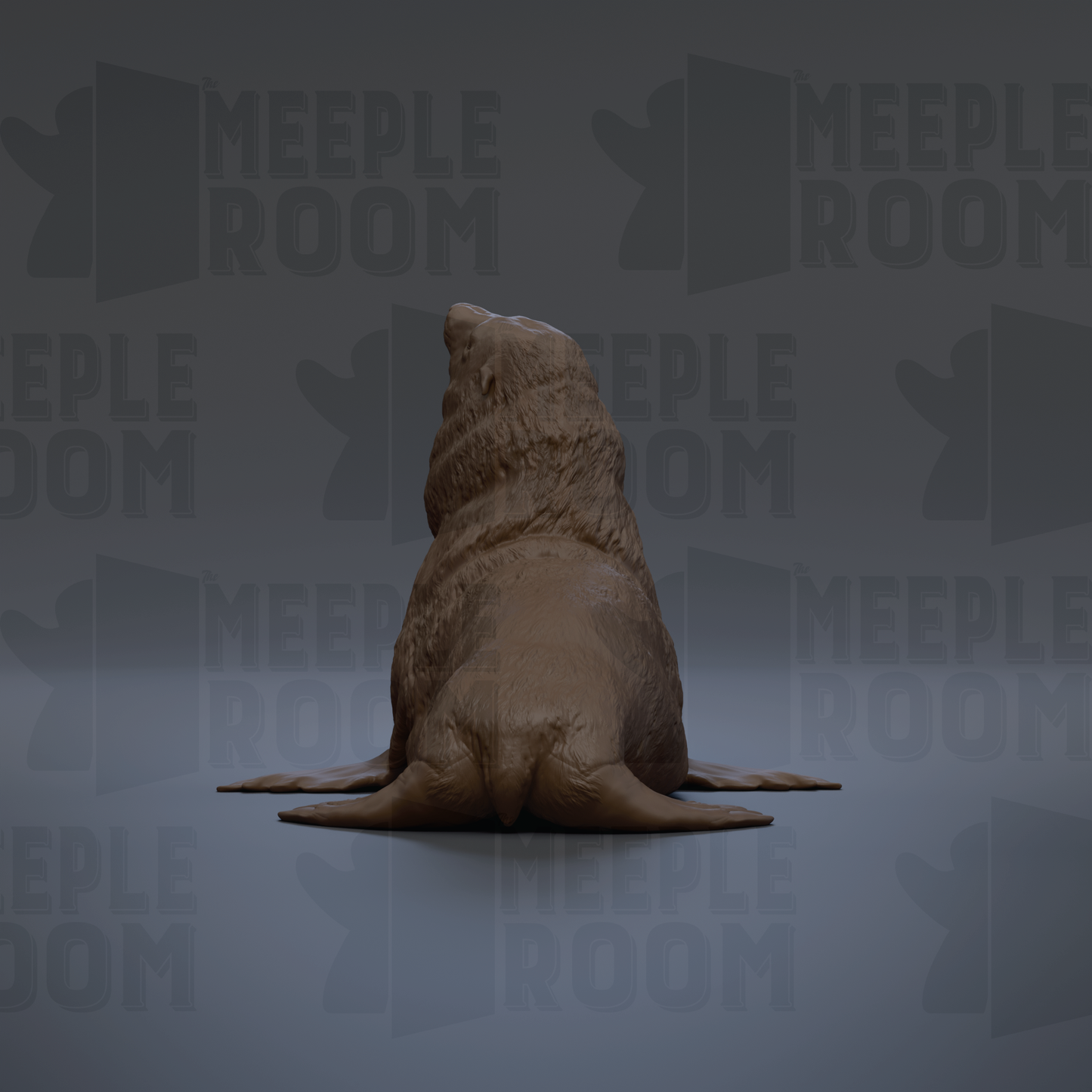 A 3D rendering of a seal or sea lion sitting on its hind legs against a dark background with repeated text.