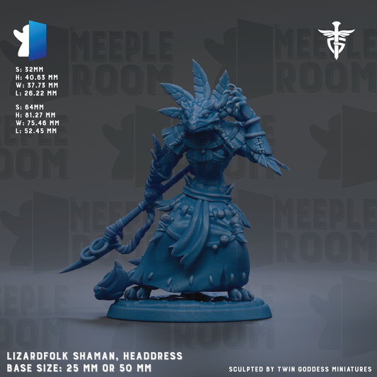 A detailed 3D model of a lizard-like creature with a headdress and a sword, standing on a base. The creature is depicted in a dynamic pose, with its head raised and sword held high. The image is described as a "meadow" and "meadow room" and is part of a collection of models. The base size of the model is 25mm or 50mm.