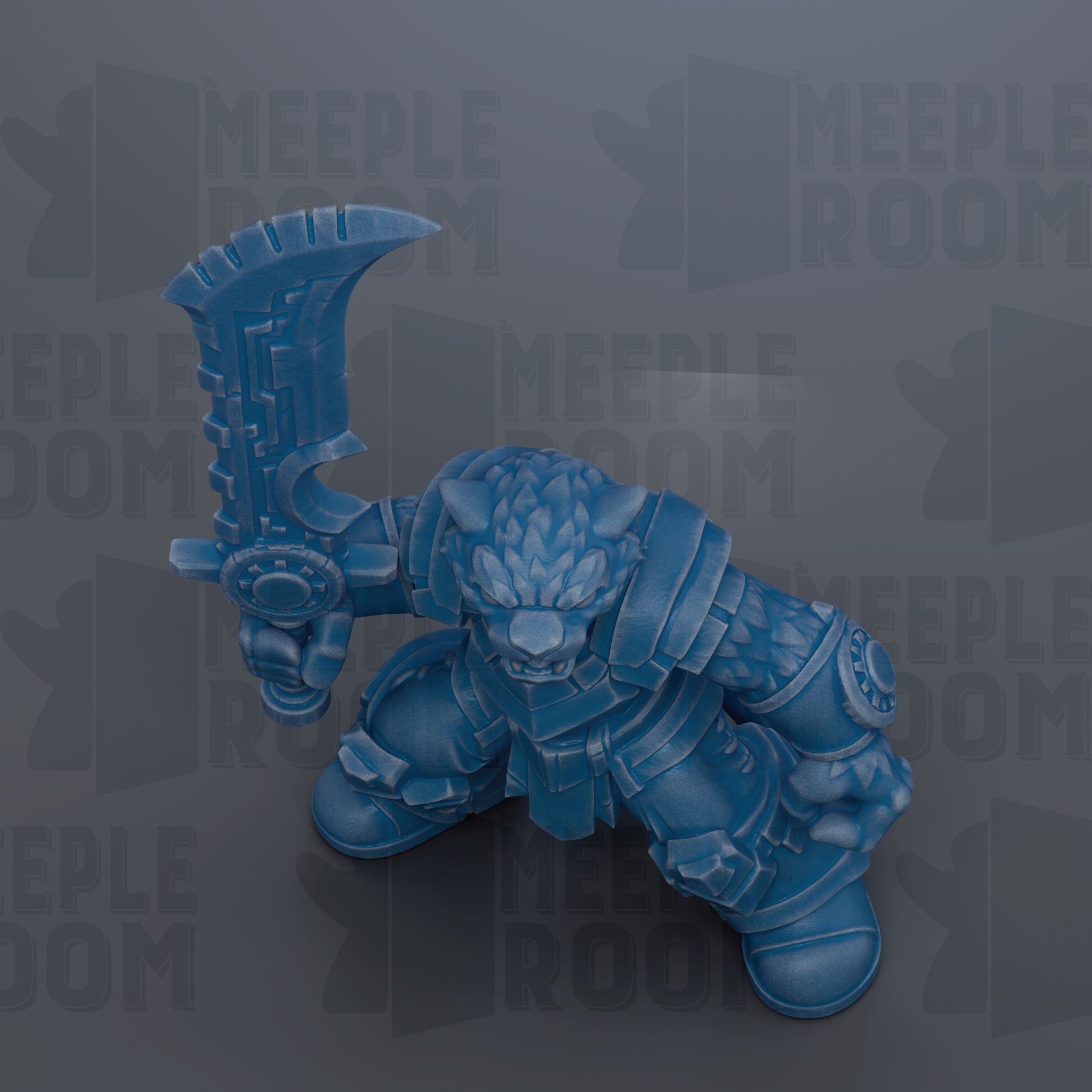 A blue, armored figurine holding a sword and standing in a fighting stance.