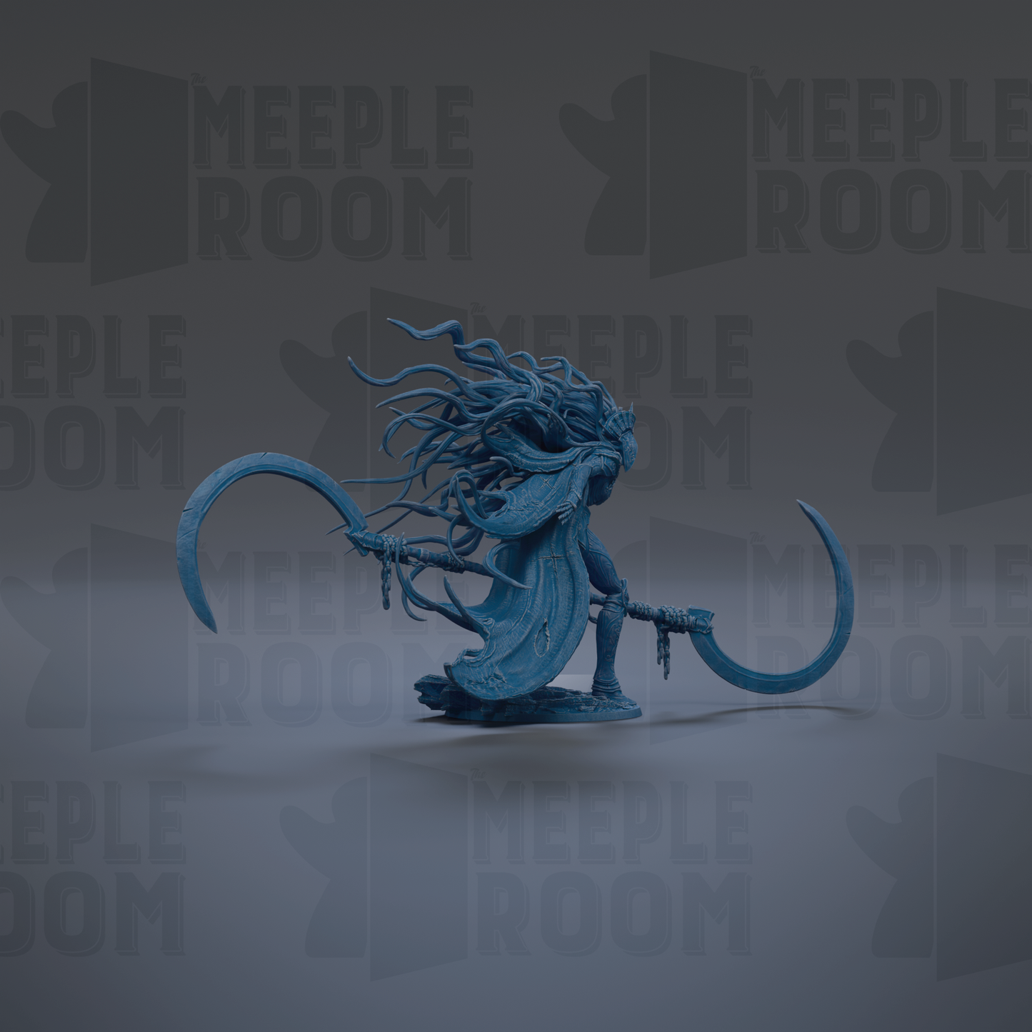 A blue, fantastical creature with flowing hair and a long, flowing tail is depicted in the center of the image, holding a large, curved weapon.