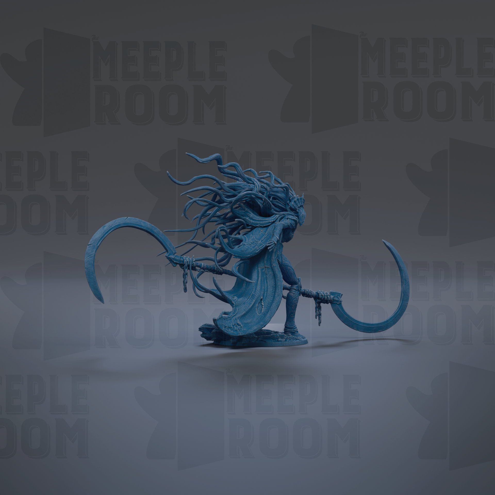 A blue, fantastical creature with flowing hair and a long, flowing tail is depicted in the center of the image, holding a large, curved weapon.