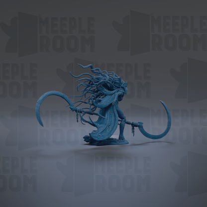 A blue, fantastical creature with flowing hair and a long, flowing tail is depicted in the center of the image, holding a large, curved weapon.
