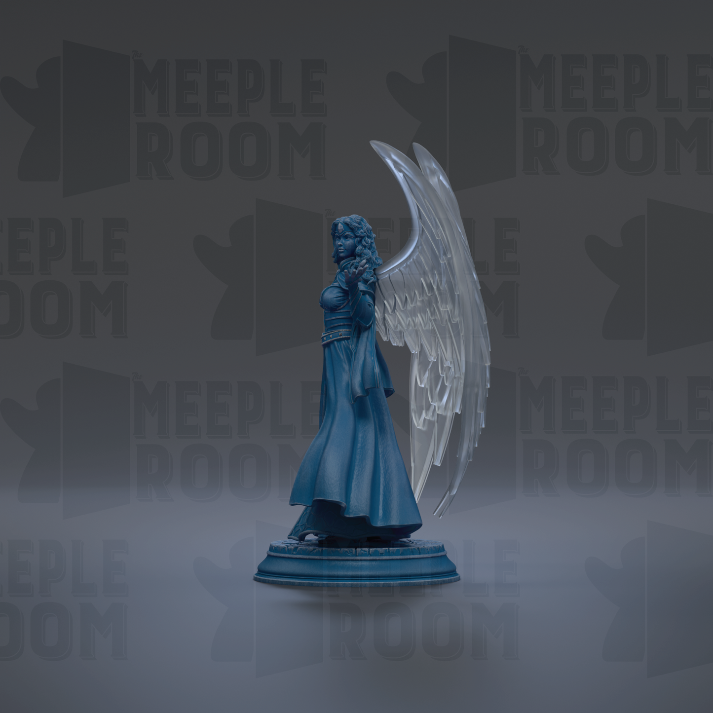 A blue statue of a winged female figure with a flowing dress stands on a pedestal against a dark background with repeated text.