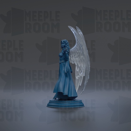 A blue statue of a winged female figure with a flowing dress stands on a pedestal against a dark background with repeated text.