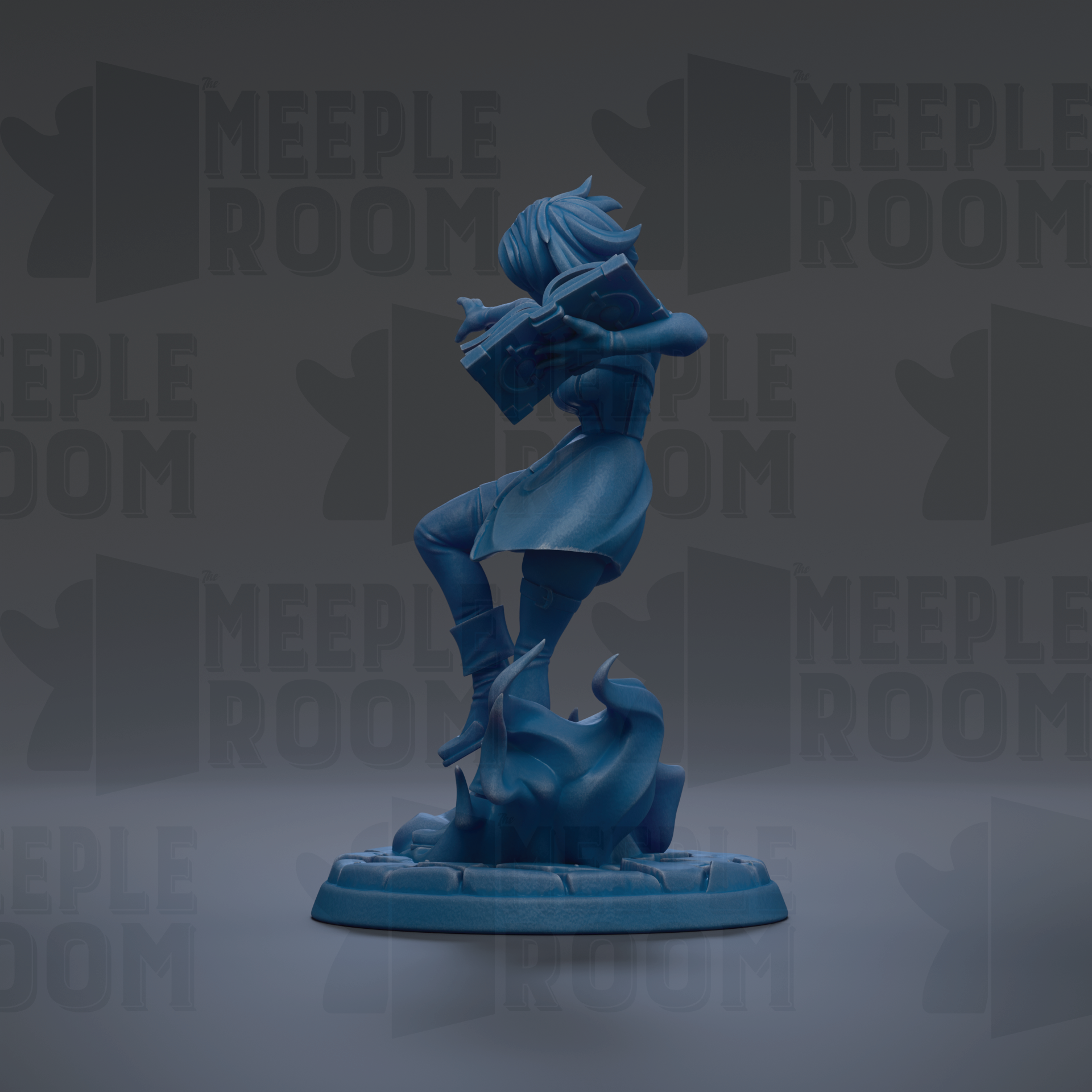 A blue figurine of a person reading a book, standing on a base with flames underneath.