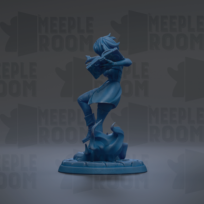 A blue figurine of a person reading a book, standing on a base with flames underneath.