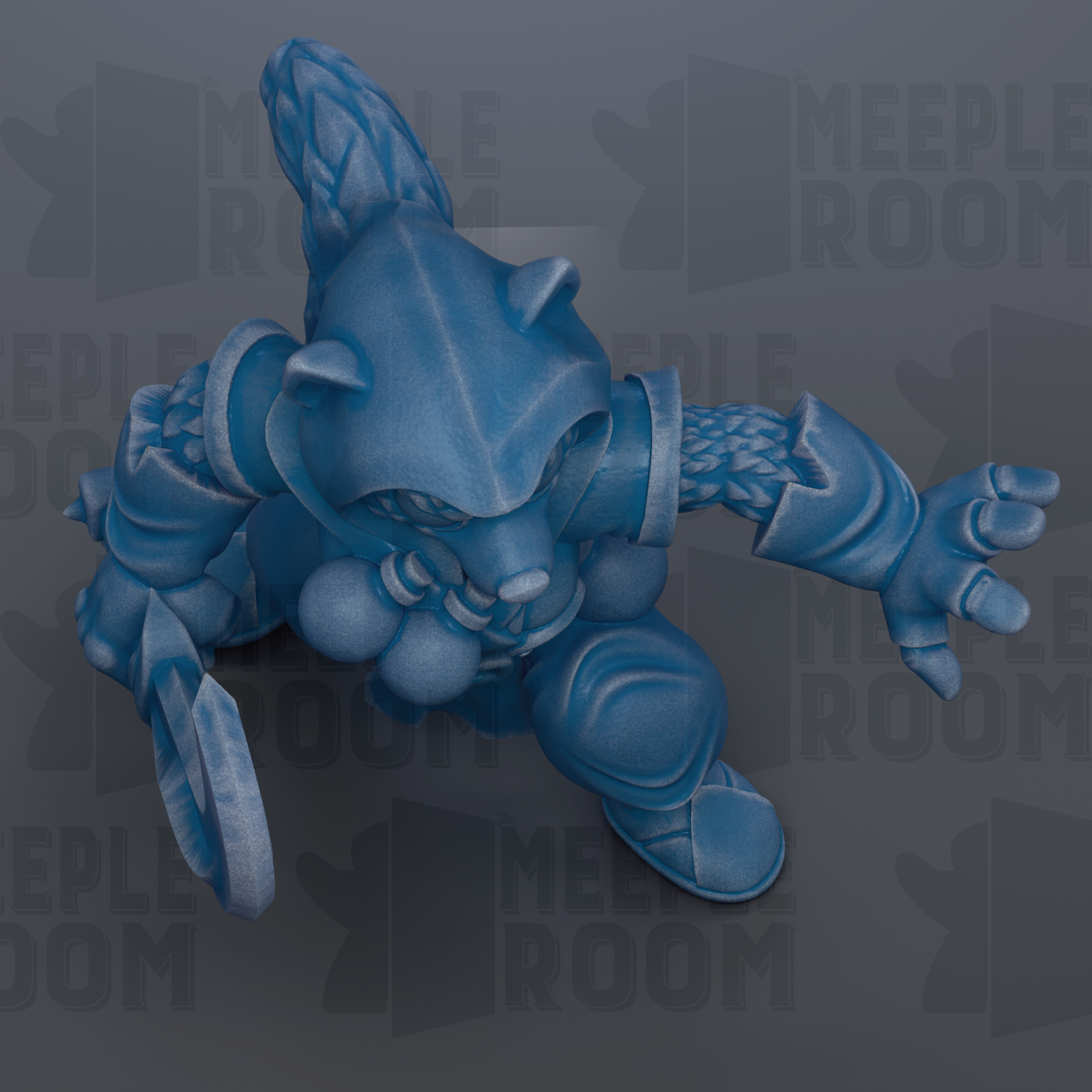 A blue, cartoonish character with a pointed hat and sword, appearing to be in a fighting stance.