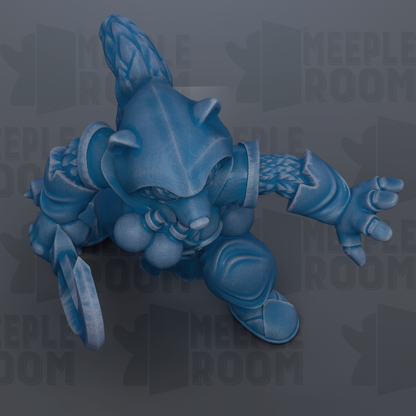 A blue, cartoonish character with a pointed hat and sword, appearing to be in a fighting stance.