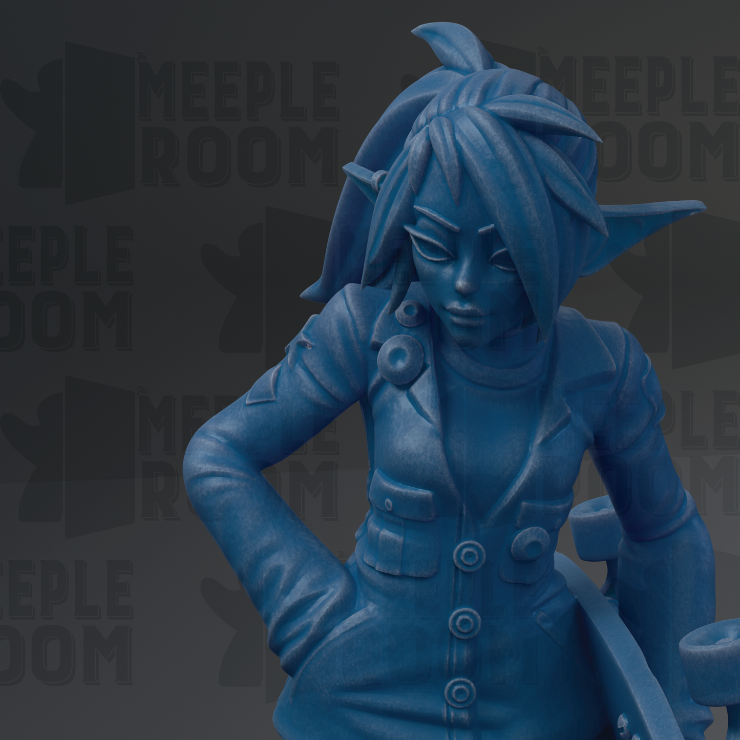 A blue figurine of a character with a serious expression, wearing a jacket with buttons and holding a weapon, is the main focus of the image.