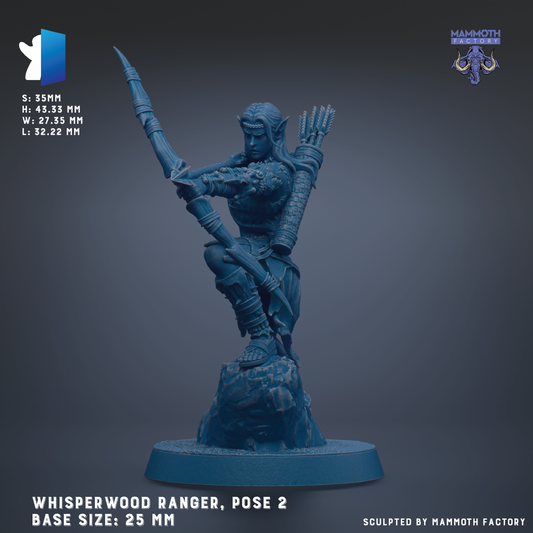 A 3D model of a Whisperwood Ranger, a fantasy character, posed on a rock. The model is described as a 25 mm base size.