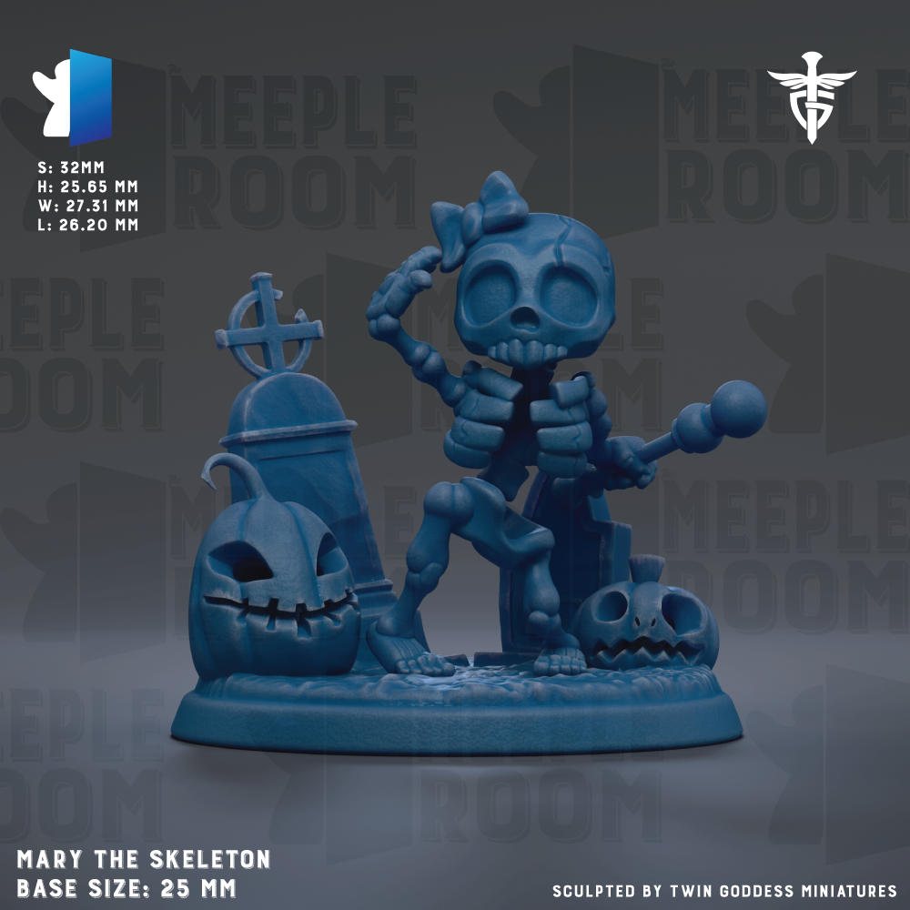 The image is a 3D rendering of a skeleton figurine, featuring a pumpkin and a cross, all set against a dark background. The skeleton is holding a bat and appears to be in a contemplative or thoughtful pose. The image is described as a "base size: 25mm" and is labeled as "Sculpted by Twin Goddess Miniatures".