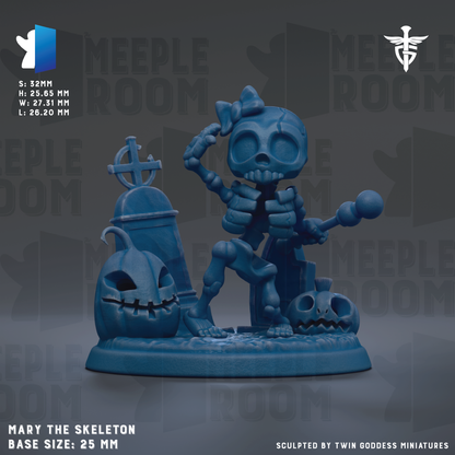 The image is a 3D rendering of a skeleton figurine, featuring a pumpkin and a cross, all set against a dark background. The skeleton is holding a bat and appears to be in a contemplative or thoughtful pose. The image is described as a "base size: 25mm" and is labeled as "Sculpted by Twin Goddess Miniatures".