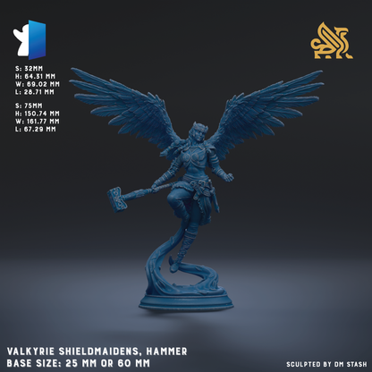 A blue statue of a winged female figure holding a hammer, representing the Viking Shieldmaidens from the video game series.