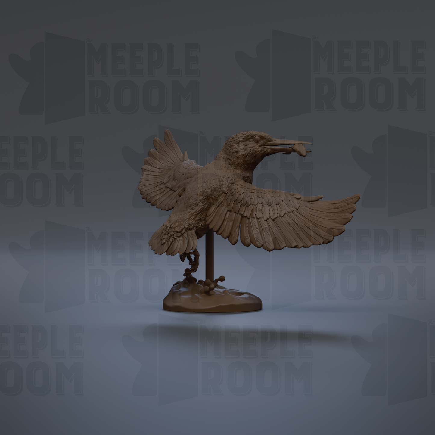 A 3D rendering of a bird sculpture with outstretched wings, standing on a base.