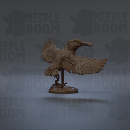 A 3D rendering of a bird sculpture with outstretched wings, standing on a base.