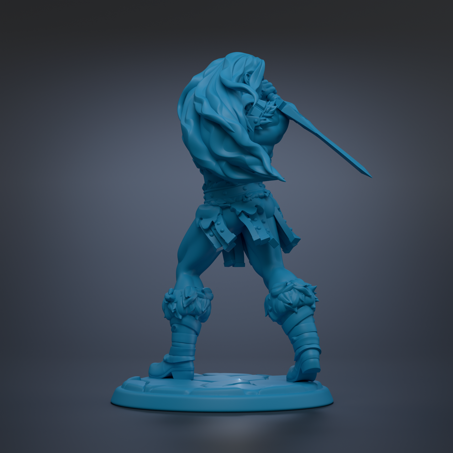A blue 3D model of a warrior figure holding a sword, standing on a base.
