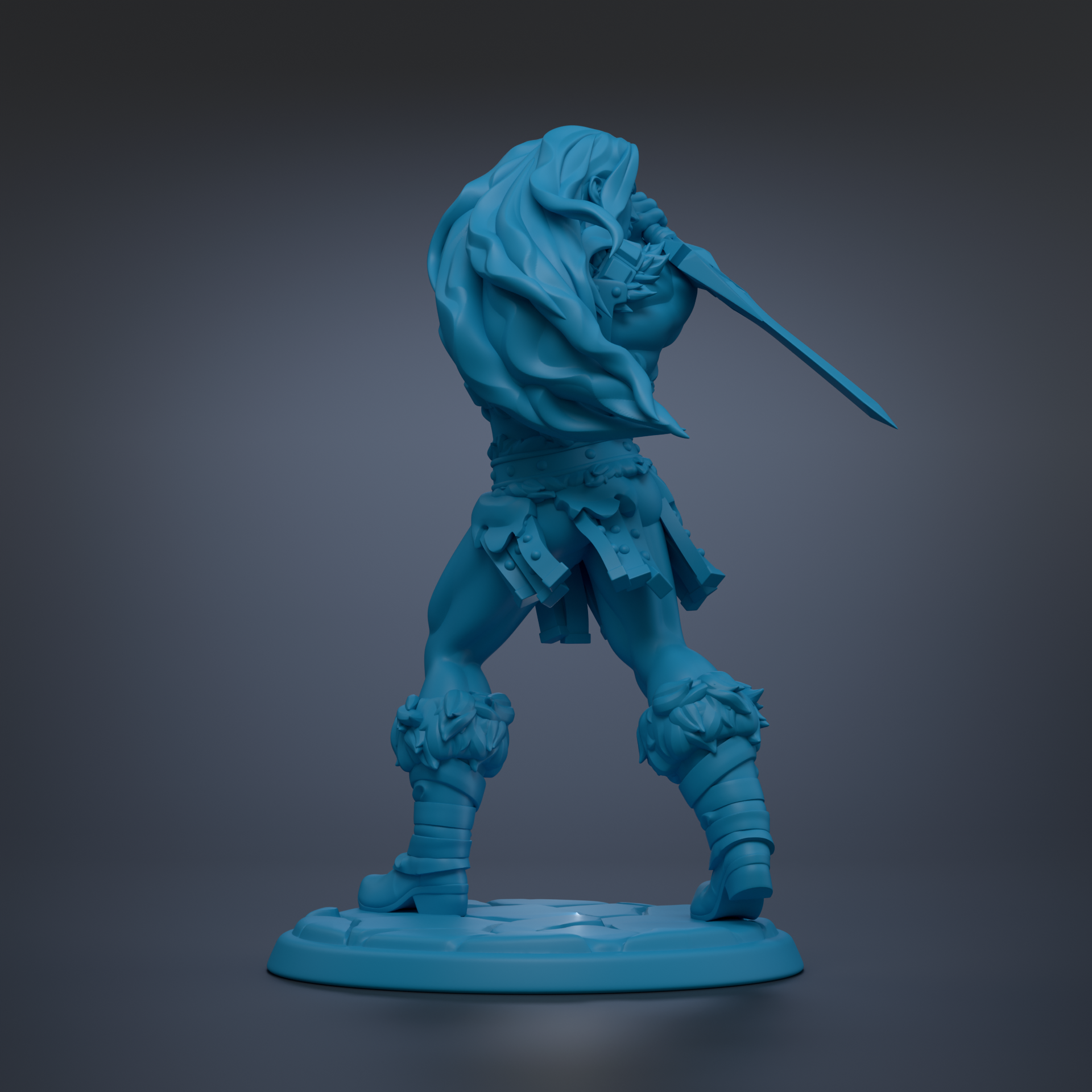 A blue 3D model of a warrior figure holding a sword, standing on a base.