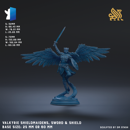 A blue statue of a winged warrior figure holding a sword and shield, with wings spread wide.