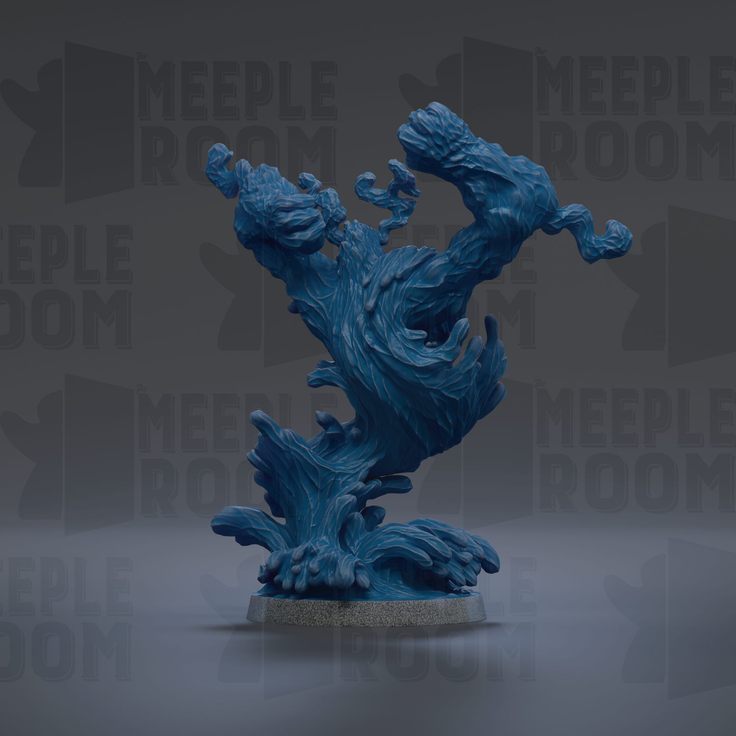 a blue, abstract sculpture with flowing, organic shapes and textures, set against a dark background with repeated text.