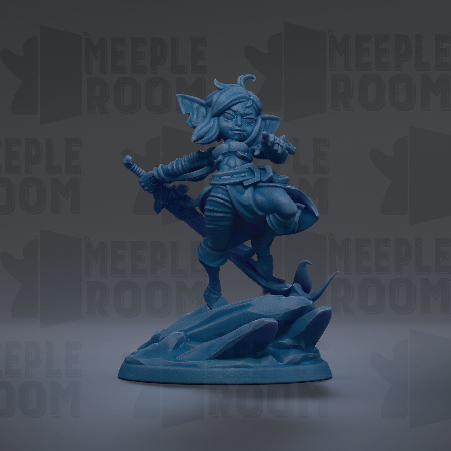 A blue figurine of a character with a sword and shield, standing on a rock formation.
