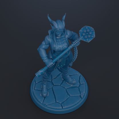 A blue figurine of a warrior-like character holding a shield and sword, standing on a stone base.
