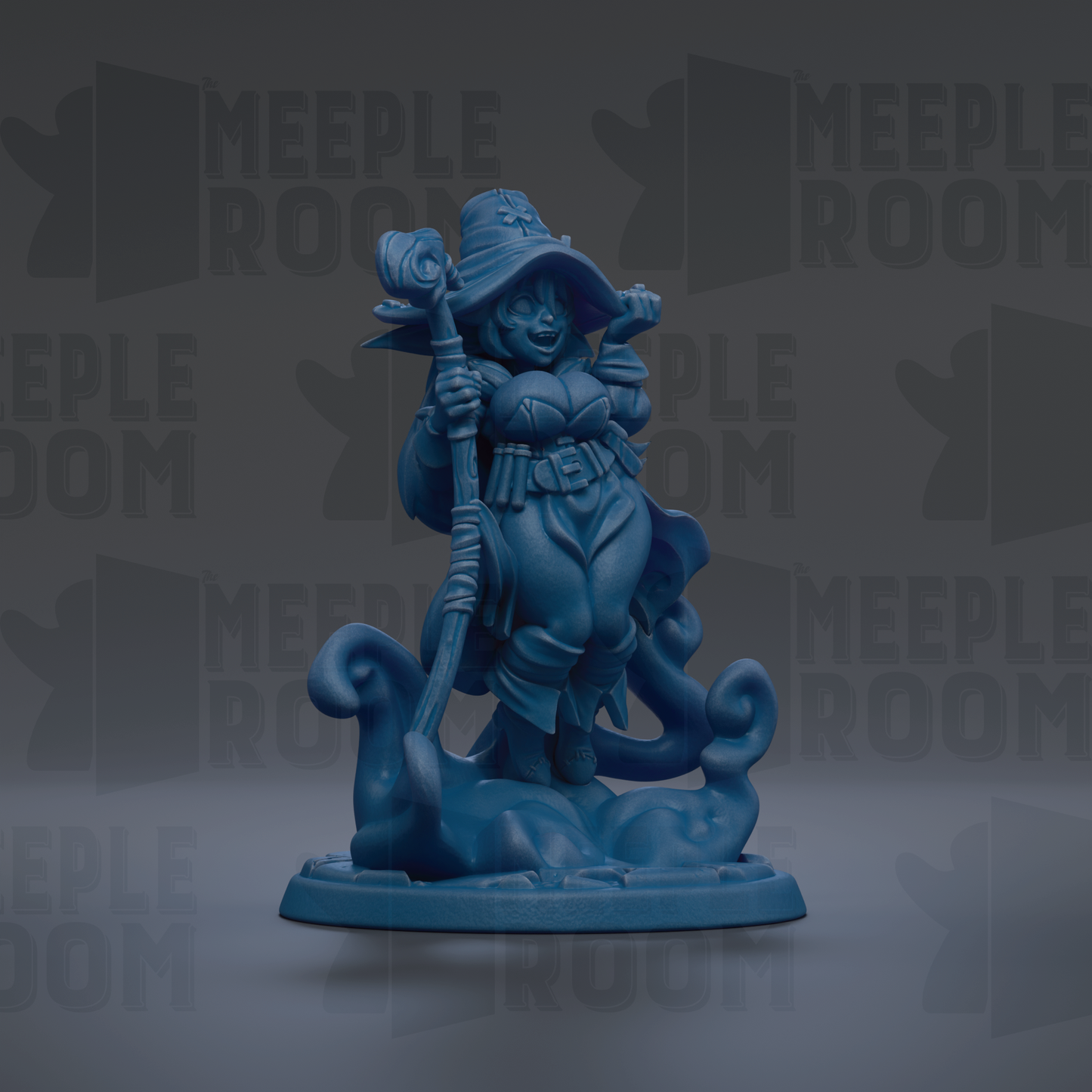 A blue figurine of a woman with a staff and a hat, standing on a base and holding a staff, against a dark background with repeated text.