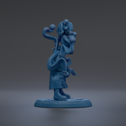 A blue, abstract sculpture with various shapes and forms, including a figure with a head and body, as well as other organic and geometric elements.