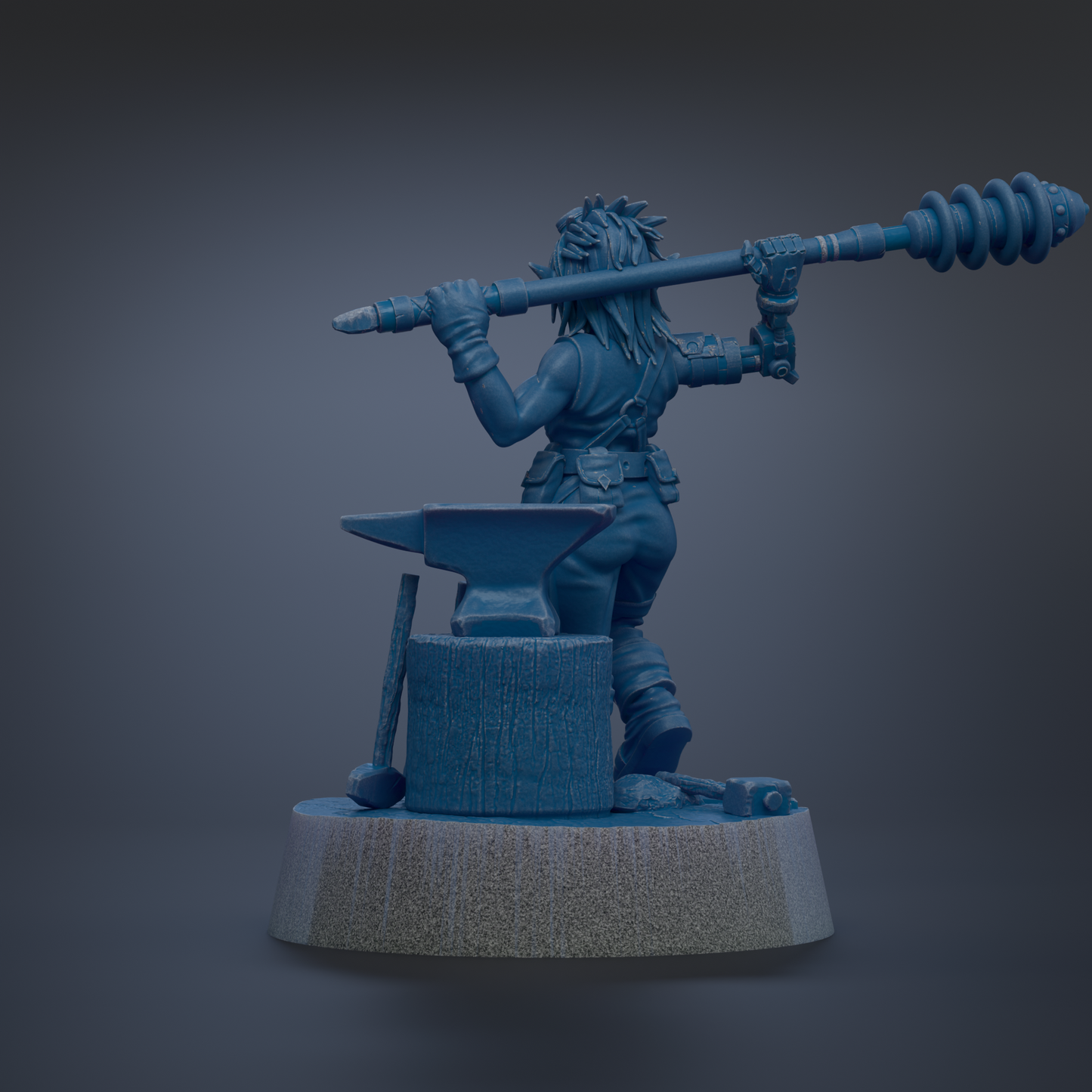 A blue figurine of a person holding a large object, possibly a tool or weapon, standing on a platform.