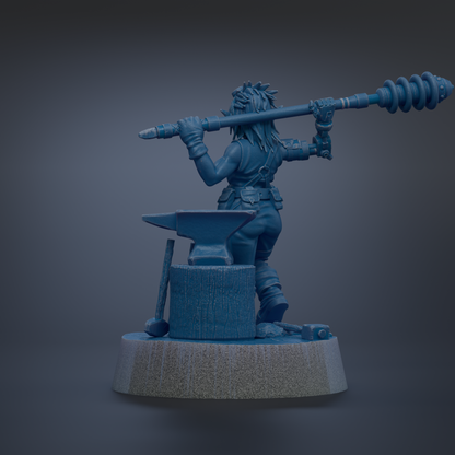 A blue figurine of a person holding a large object, possibly a tool or weapon, standing on a platform.