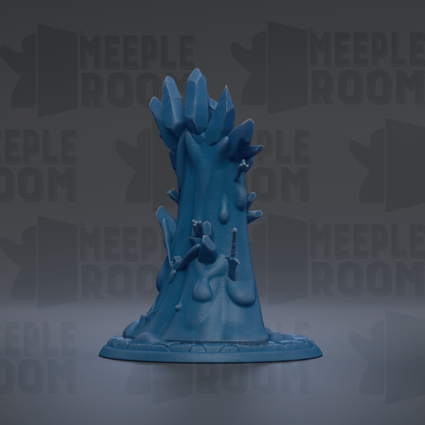 A blue, abstract sculpture with various shapes and textures, including what appear to be crystals or minerals, set against a dark background with repeated text.