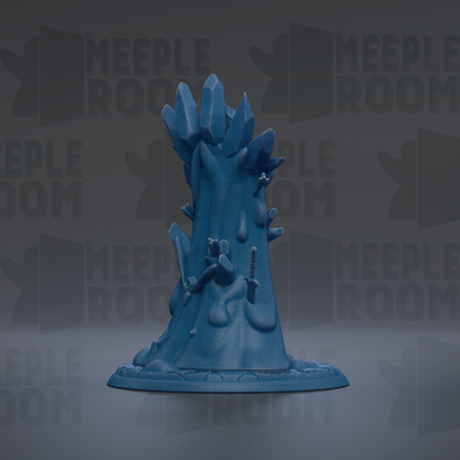 A blue, abstract sculpture with various shapes and textures, including what appear to be crystals or minerals, set against a dark background with repeated text.