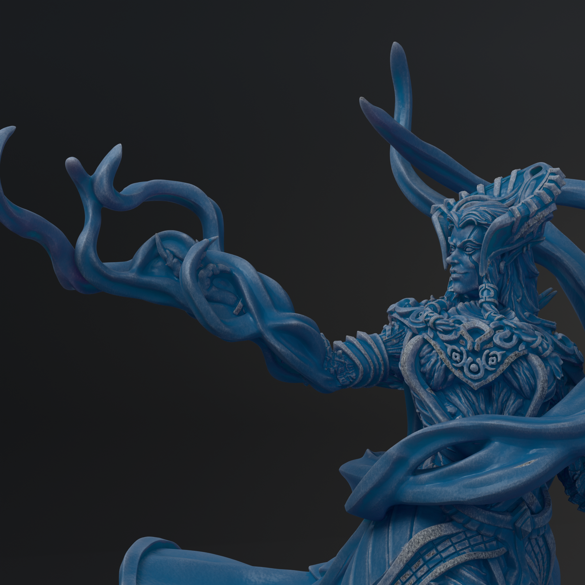 A detailed 3D rendering of a fantastical creature with intricate, flowing blue and purple forms, set against a dark background.