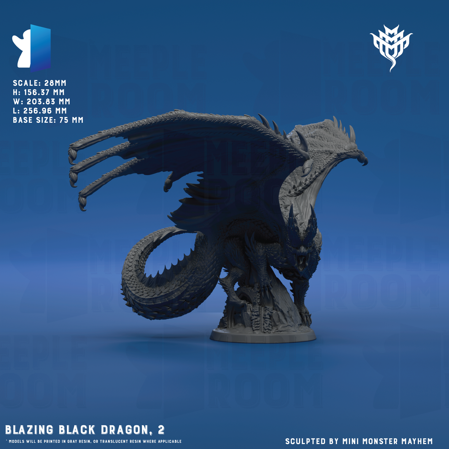 Blazing Black Dragon by Mini Monster Mayhem | Miniature | TTRPG | Unpainted | Print on Demand