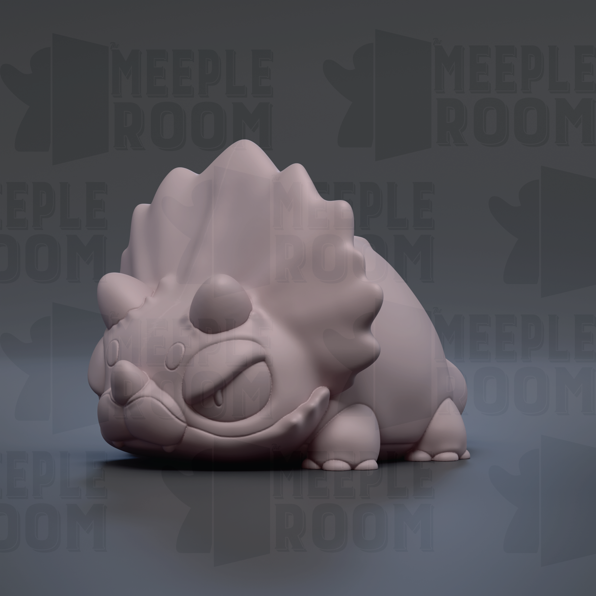 A 3D rendering of a cartoon-like dinosaur or toy, with a textured background that appears to be a dark gray color.