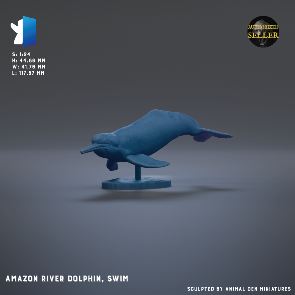 a blue Amazon River dolphin figurine, which is shown swimming on a gray surface.