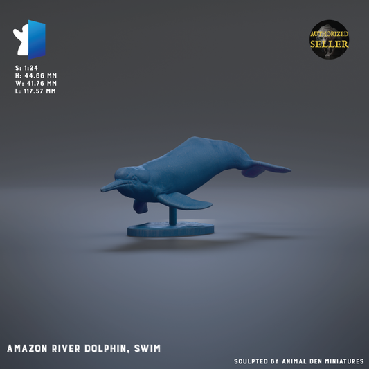 a blue Amazon River dolphin figurine, which is shown swimming on a gray surface.
