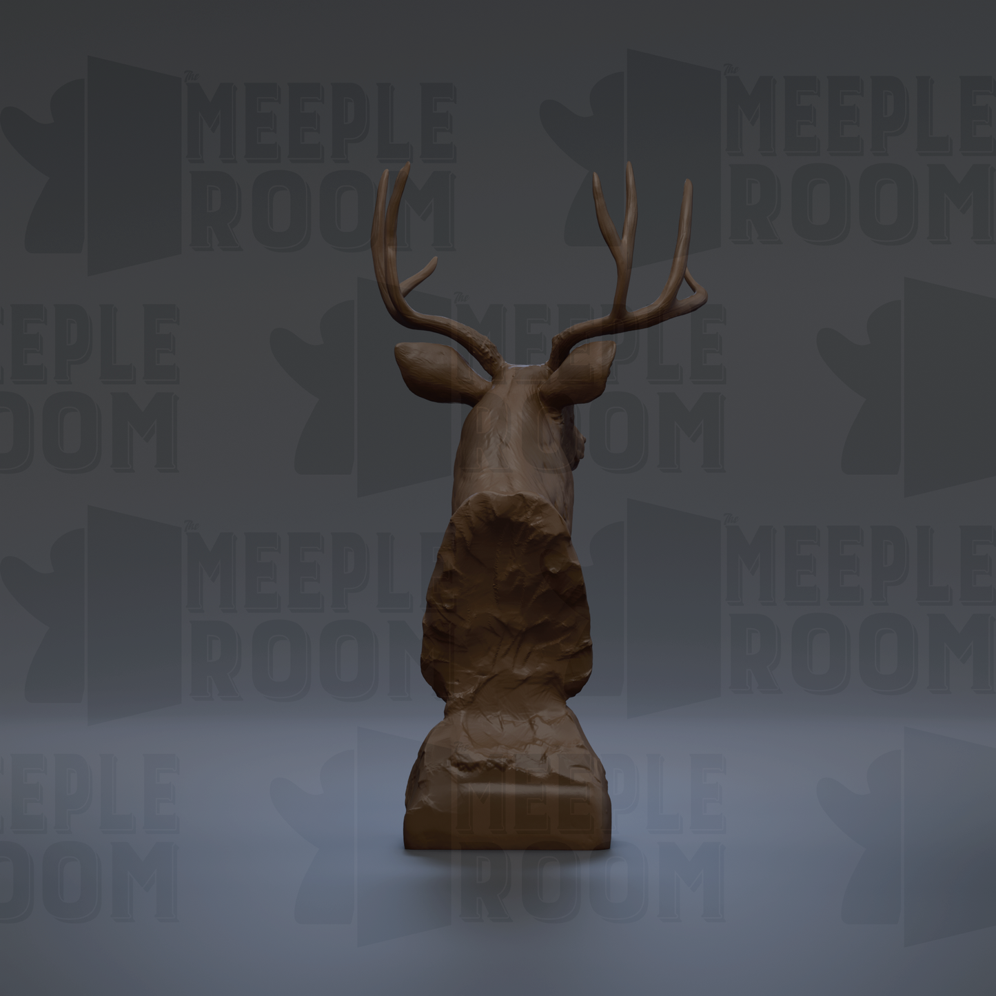 A 3D rendering of a deer head sculpture with antlers, set against a dark background with repeated text.