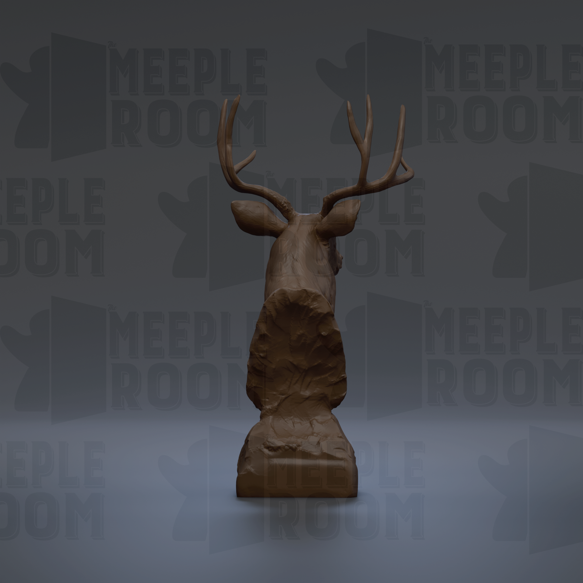 A 3D rendering of a deer head sculpture with antlers, set against a dark background with repeated text.