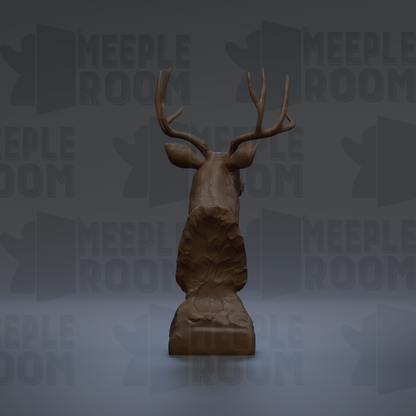 A 3D rendering of a deer head sculpture with antlers, set against a dark background with repeated text.