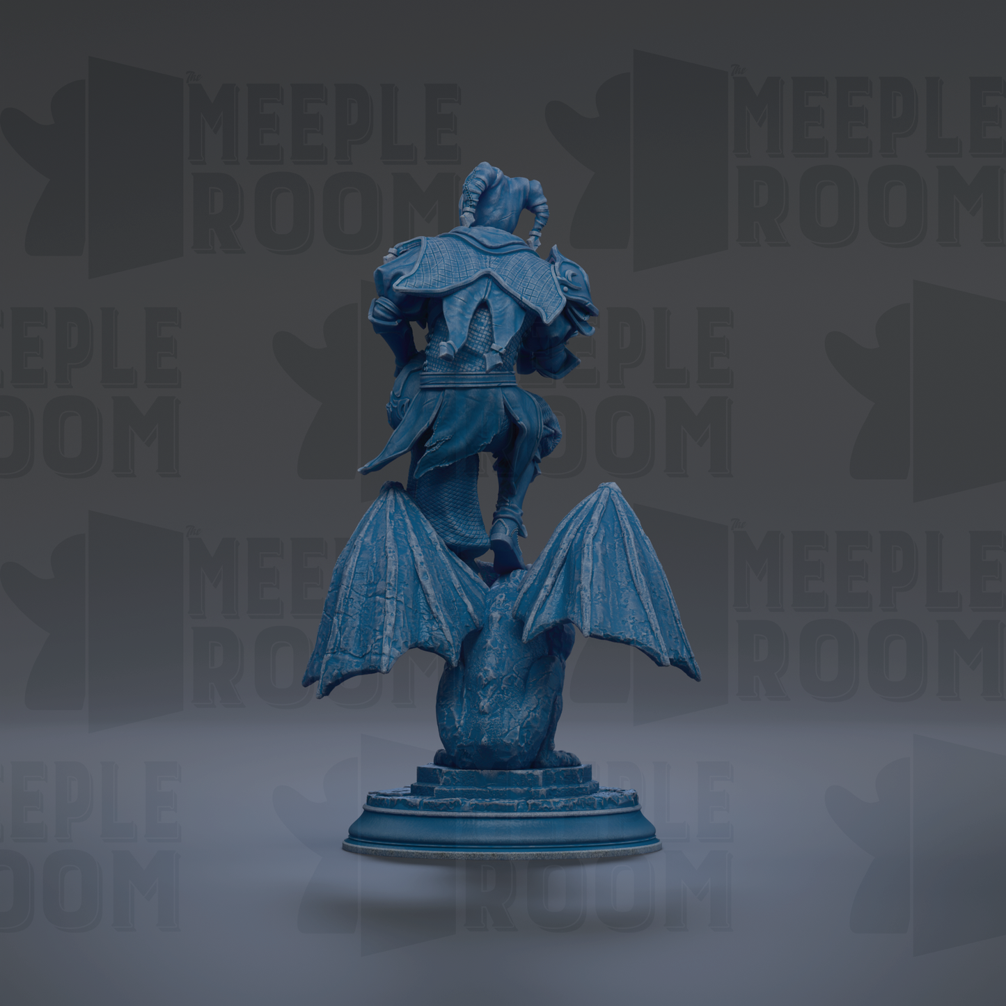 A blue statue of a winged creature with horns, standing on a pedestal against a dark background with repeated text.