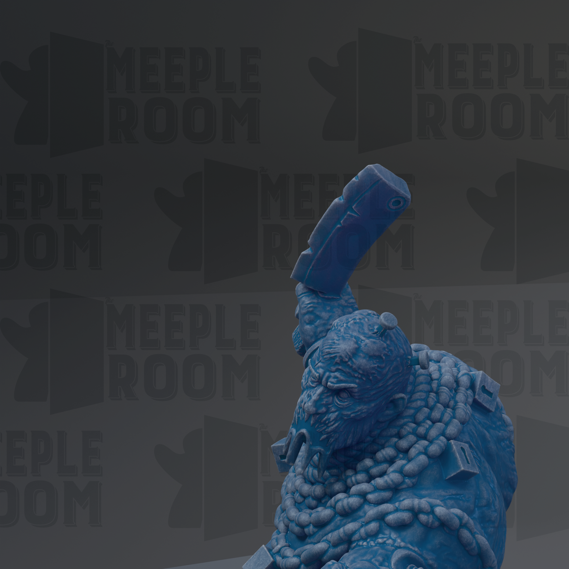 a large, blue, monster-like creature with a chain around its neck, set against a dark background with repeated text.