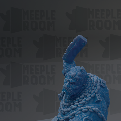 a large, blue, monster-like creature with a chain around its neck, set against a dark background with repeated text.
