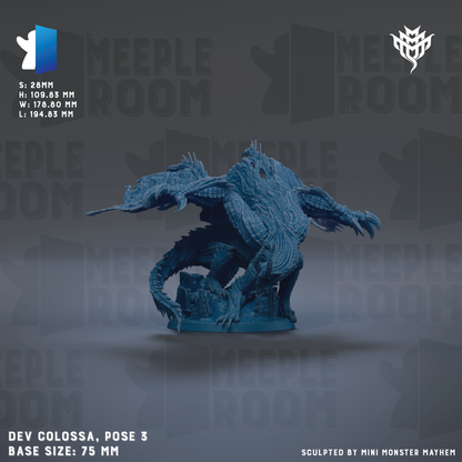 The image is a 3D rendering of a dragon-like creature, possibly a mythical or fantasy creature, with a textured and detailed appearance. The creature is posed in a dynamic, fighting stance, and the background is a dark, moody color. The image is described as a "dev colossa pose 3" and is "base size: 75 mm". It is also noted that the sculpture is "sculpted by mini monster Mayhem".