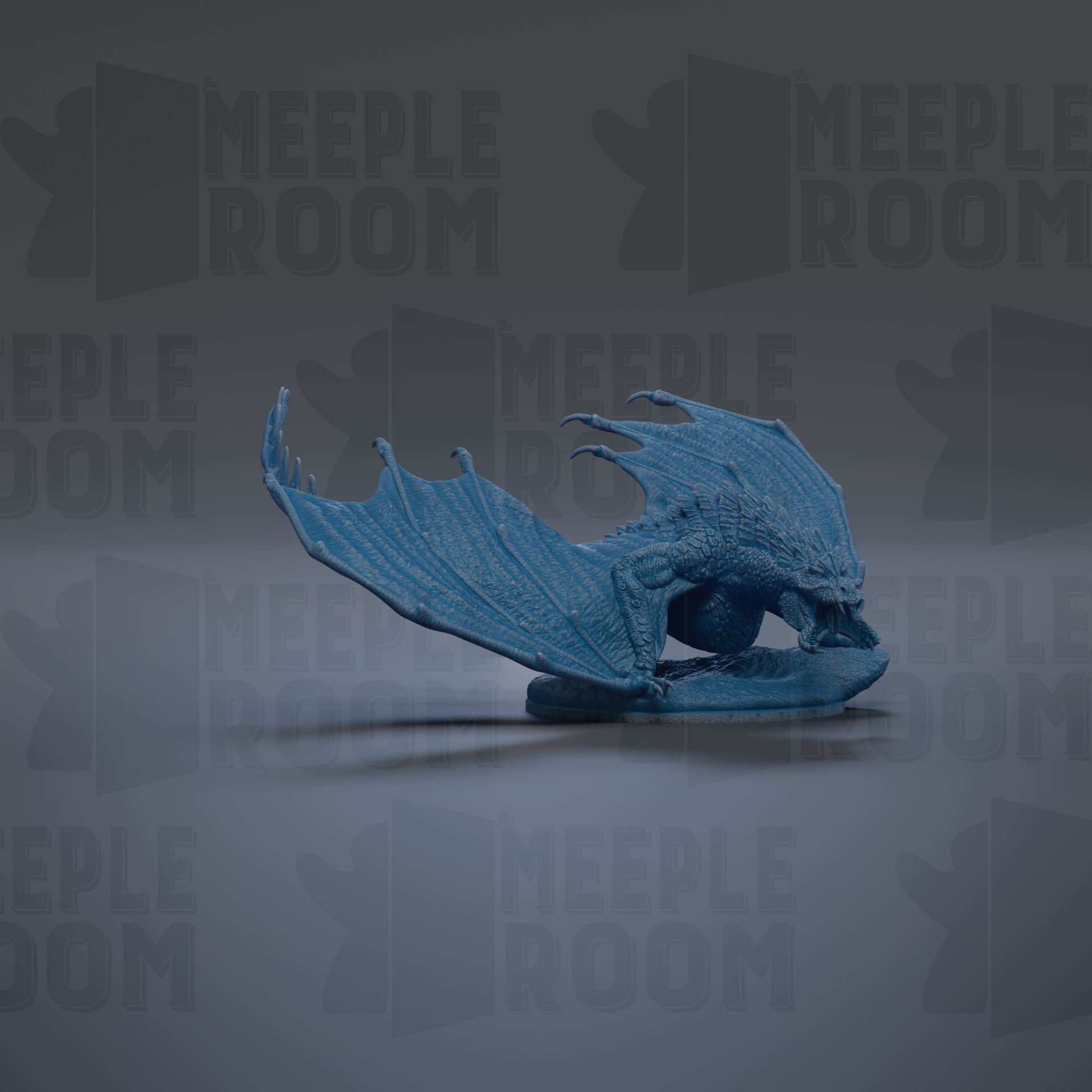 A blue bat-like creature with wings and a long tail is shown against a dark background with repeated "MEIPLE ROOM" text.